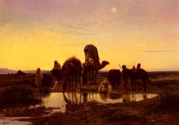 Eugene-Alexis Girardet : Camel Train By An Oasis At Dawn